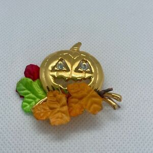 Vintage Gold Jack-O-Lantern Fall Halloween Crystal Pumpkin Brooch Pin